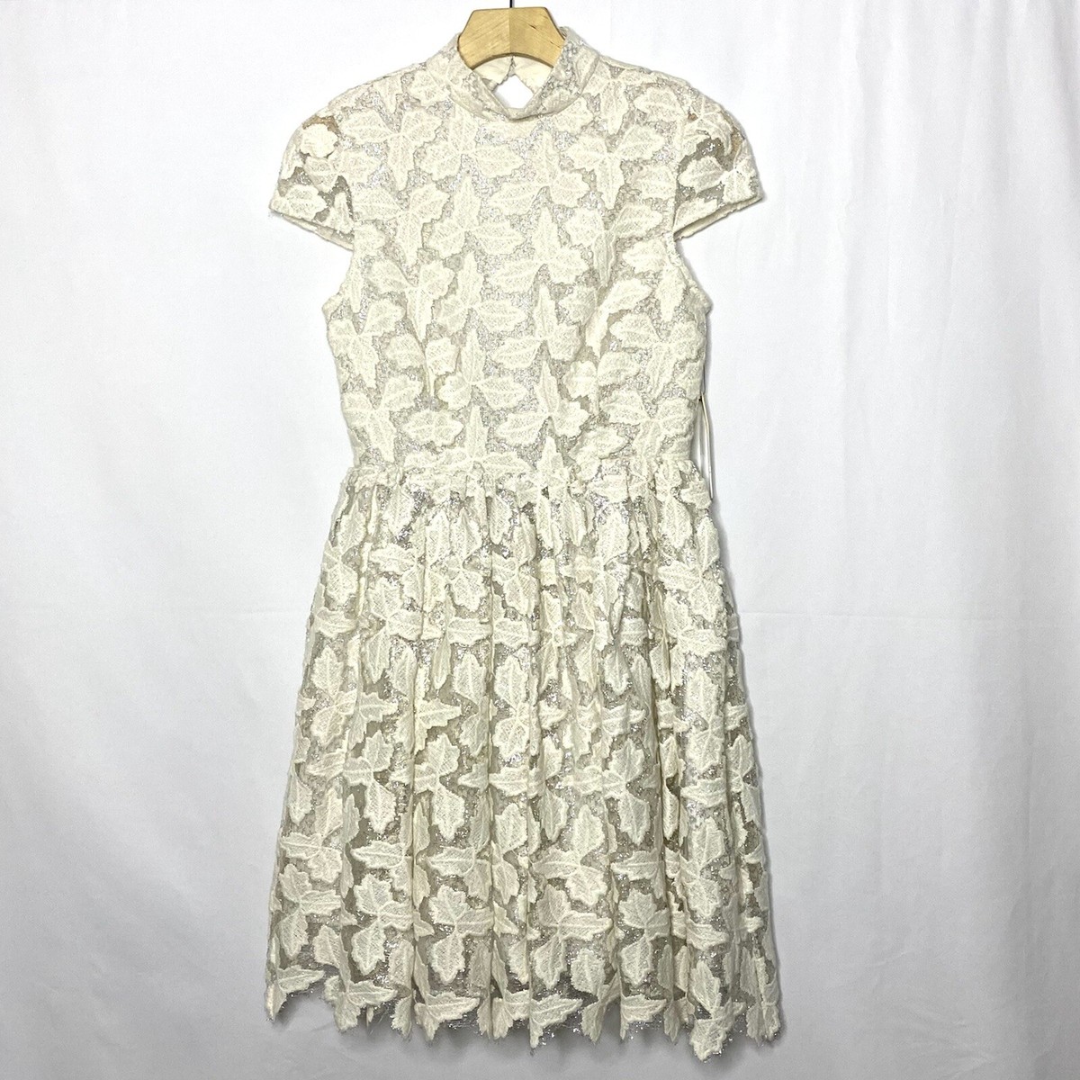 Alice + Olivia Fit N Flare Dress NWT 2 Cream Silver Metallic Floral Mesh A Line Alice + Olivia Fit N Flare Dress NWT 2 Cream Silver Metallic Floral Mesh A Line