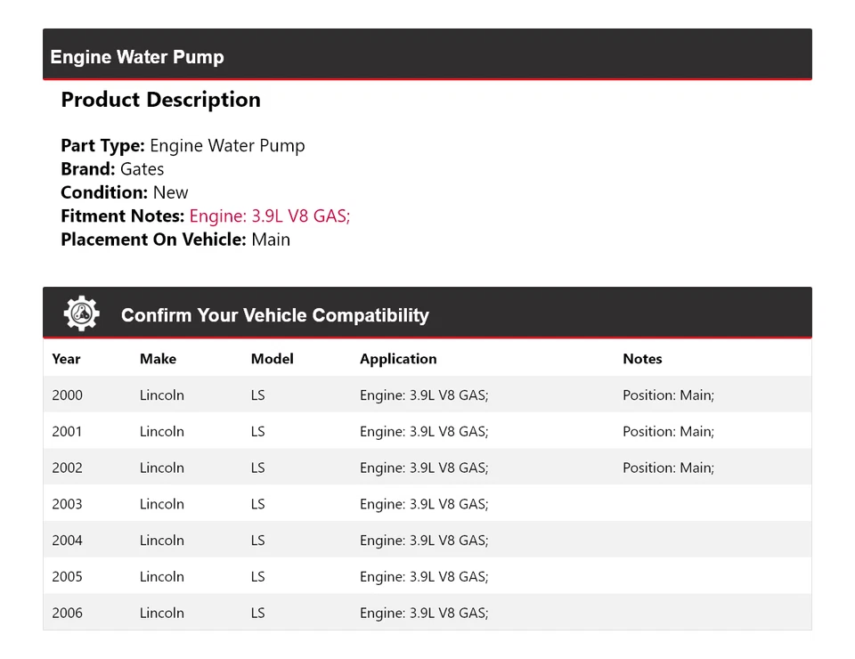 Para Lincoln LS 2000-2006 3,9 L V8 Motor Gas Bomba Agua Puertas 2001 2002 2003 2004 Foto 2 de 4