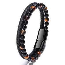 The Guardian - Son's Tiger Eye Protection Bracelet, Leather Black Beaded Bracele