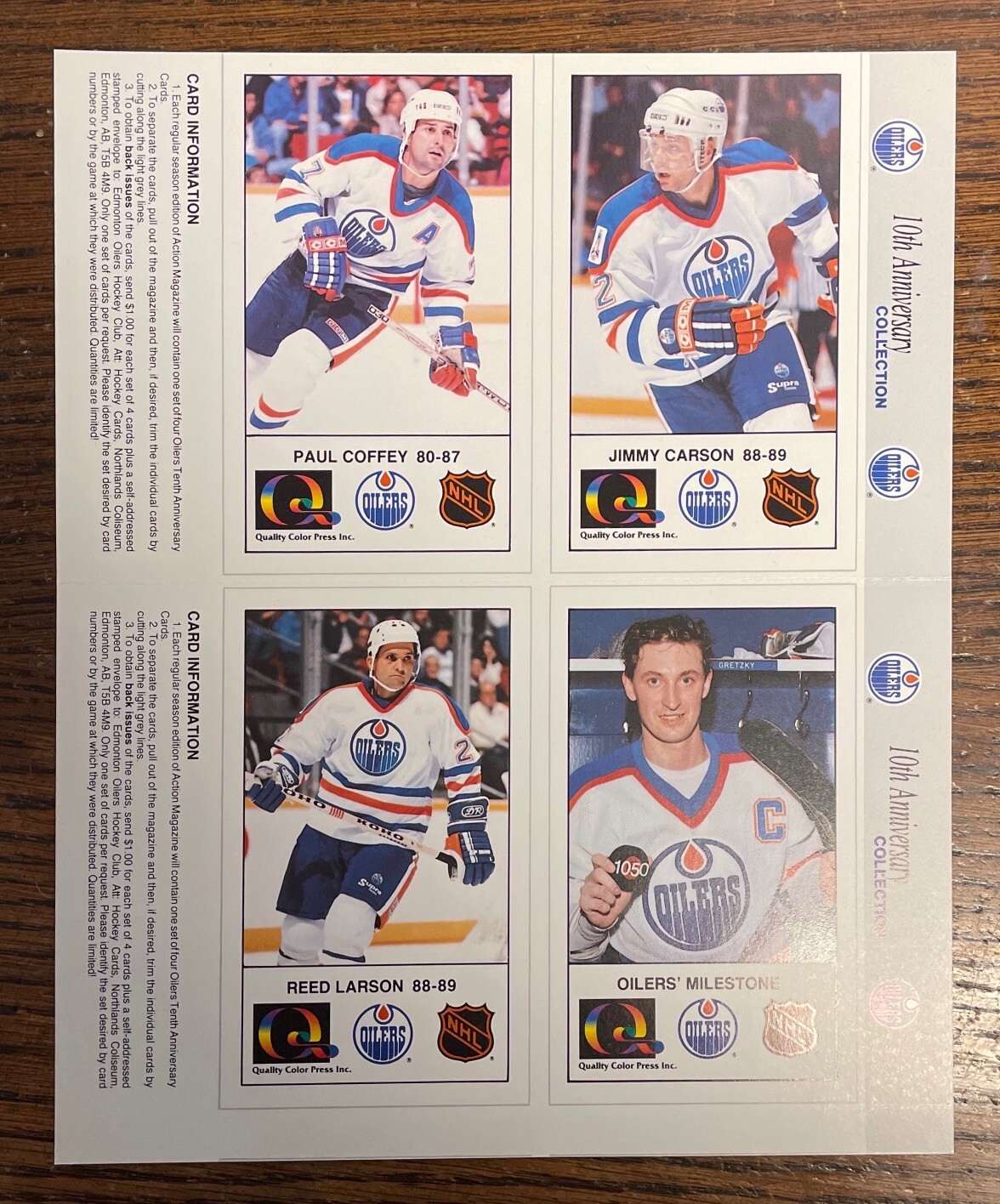 1988 Edmonton Oilers 10th Anniversary 4 player sheet Wayne Gretzky eBay