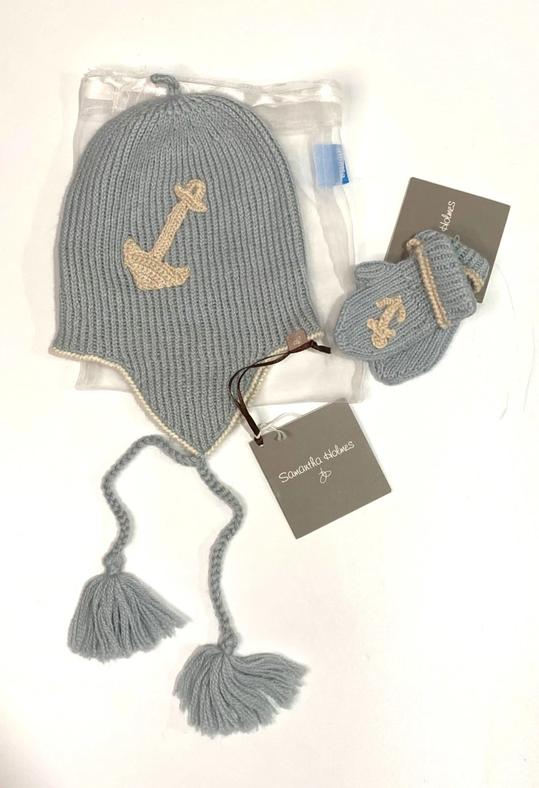 NWT Samantha Holmes Grey Hand Knit Hat & Mitten Set With Anchor Design Infant S