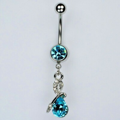 TEAR DROP Dangle Belly Button Ring AQUA Pear Cut Gemstone Navel Jewelry (B29)