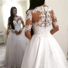 White Long Sleeve Lace BallGown Wedding Dress with Illusion Back Floral Applique