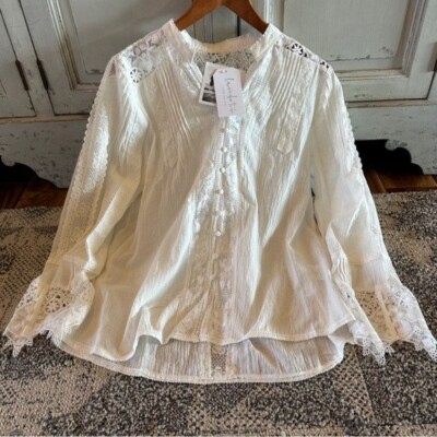 M New White Lace 3/4 Sleeve Ethereal Folk Button Boho Blouse Top Womens MEDIUM