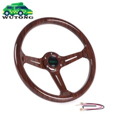 14 Universal 3 Deep Dish Dark Wood Grain 3 Spokes Racing Steering Wheel 350mm