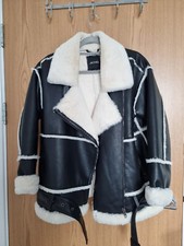Monki Black, White Faux Shearling Lined Aviator Jacket Size 8/10