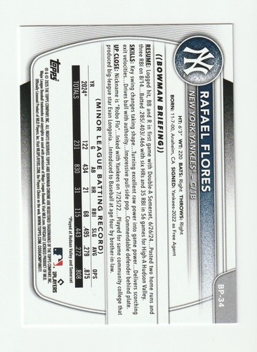 Tarjeta de los Yankees de papel 2025 Bowman Prospects Rafael Flores púrpura/299 BP-34 - Imagen 2 de 2