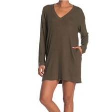 Socialite Sweater Dress V-neck Long Sleeve Olive Green