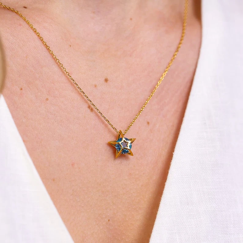 Blue topaz Star Pendant, gold plated 925 silver pendant Birthday gift for her - Image 4 of 4