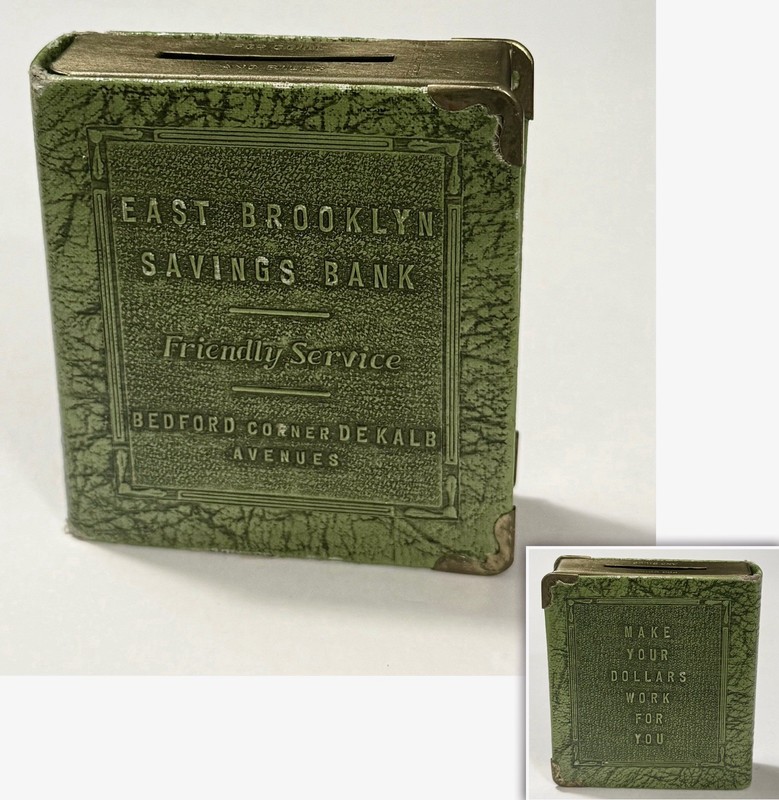 1930s Zell Prods NY East Brooklyn Savings Bank Metal Book Shape Coin Bank No Key