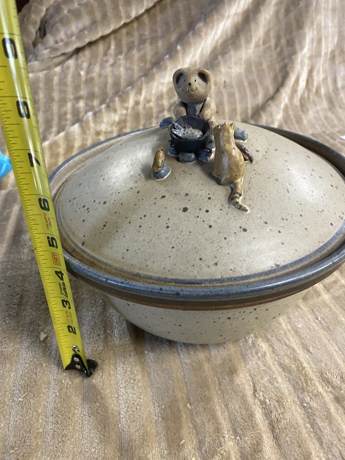 Hand Thrown Pottery Bundt Pan w/Bear & Cat Campfire Scene