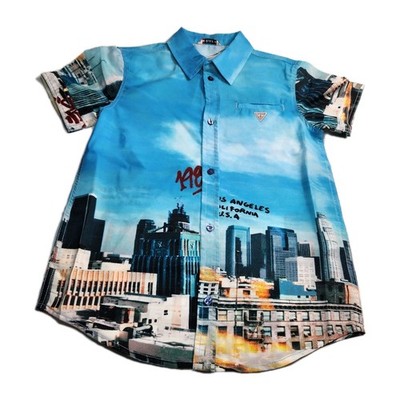 Guess Boys Shirt Size 10 Big Print Lightweight Blue Short Sleeve Button-up 03