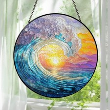 Sea Wave Stained Glass Suncatcher Ocean Window Hanging Coastal Gift