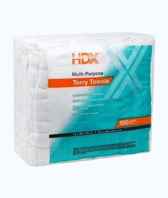 HDX 14 in × 14 in Terry Towels (100-Count) Absorbent Cotton Shop/Rag Cloths
