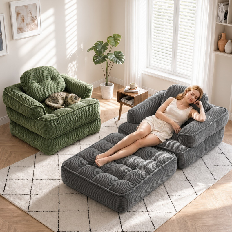 2-in-1 Convertible Memory Foam Sofa Bed, Corduroy Cloud Boneless Futon