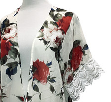 Floral Kimono Top XL Boho Festival Crochet Trim Sheer Romantic Open Front