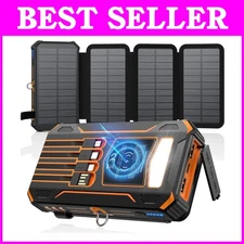 4 Panel Solar Charger Power Bank - 48000mAh, Built-in Cables