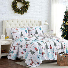 Full/Queen Size Christmas Quilt Set W/2 Pillow Shams, Holiday Bedding Set, 3-Pie
