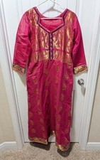 Indian Kurta Dress Pink Gold Purple Tunic Ethnic Boho Side Slits Size M Formal
