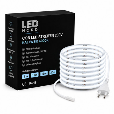 LED 230V COB Streifen 6000K Kaltweiß 5/10/15/20m 10W/m 1000lm dimmbar trennbar