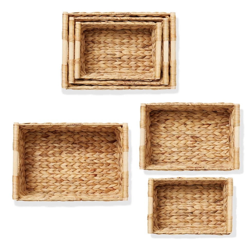 3-Piece Hyacinth Rectangular Storage Basket Set w/ Wood Handles, Natural Wicker - Image 4 of 4