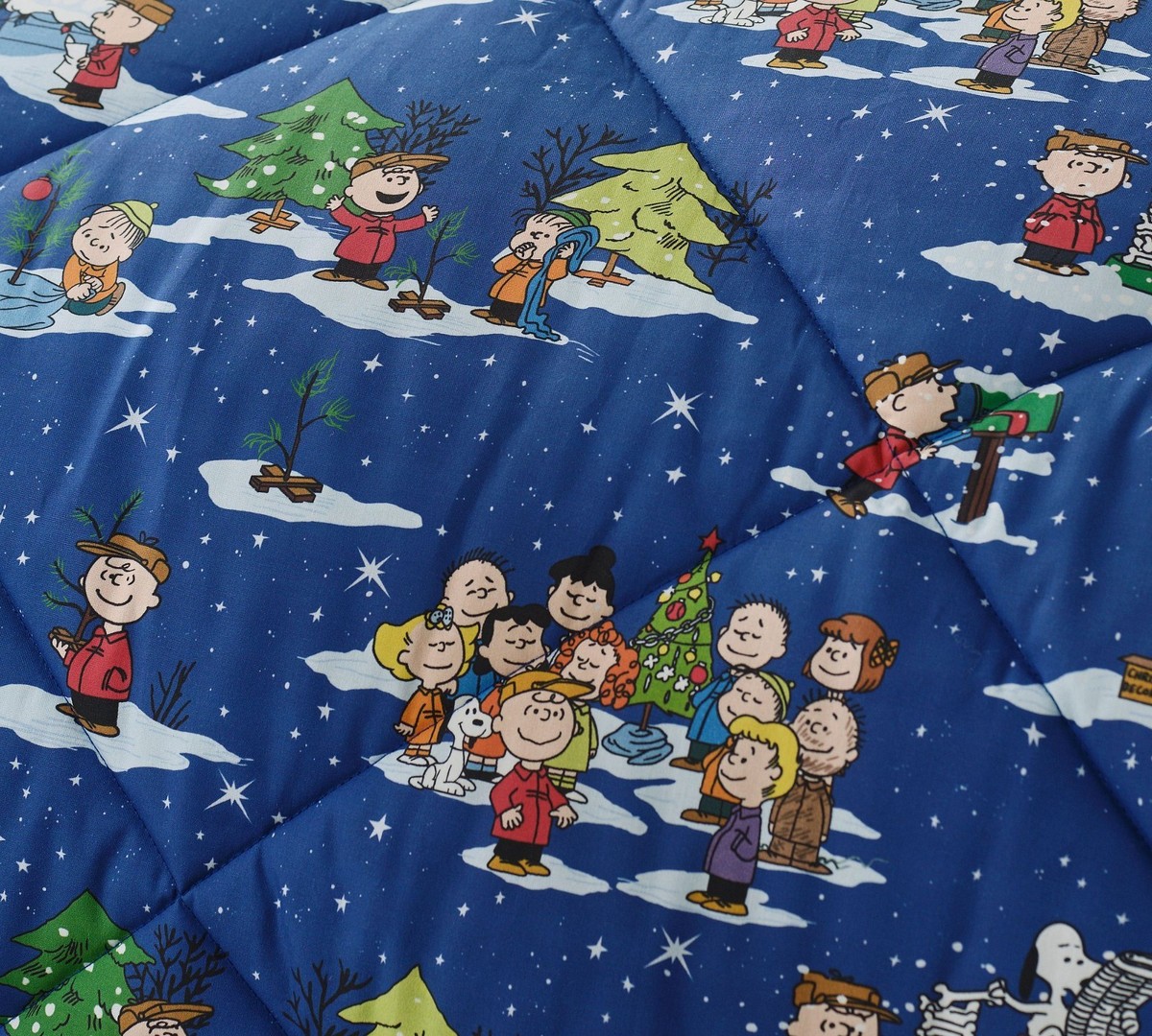 Pottery Barn Charlie Brown Gang Snoopy QUEEN Quilted Comforter Blu