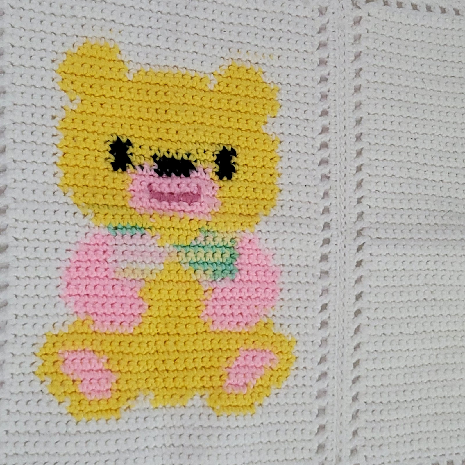 Handmade Teddy Bear Crochet Baby Blanket Yellow Pink Crib Blanket 48" X 34"