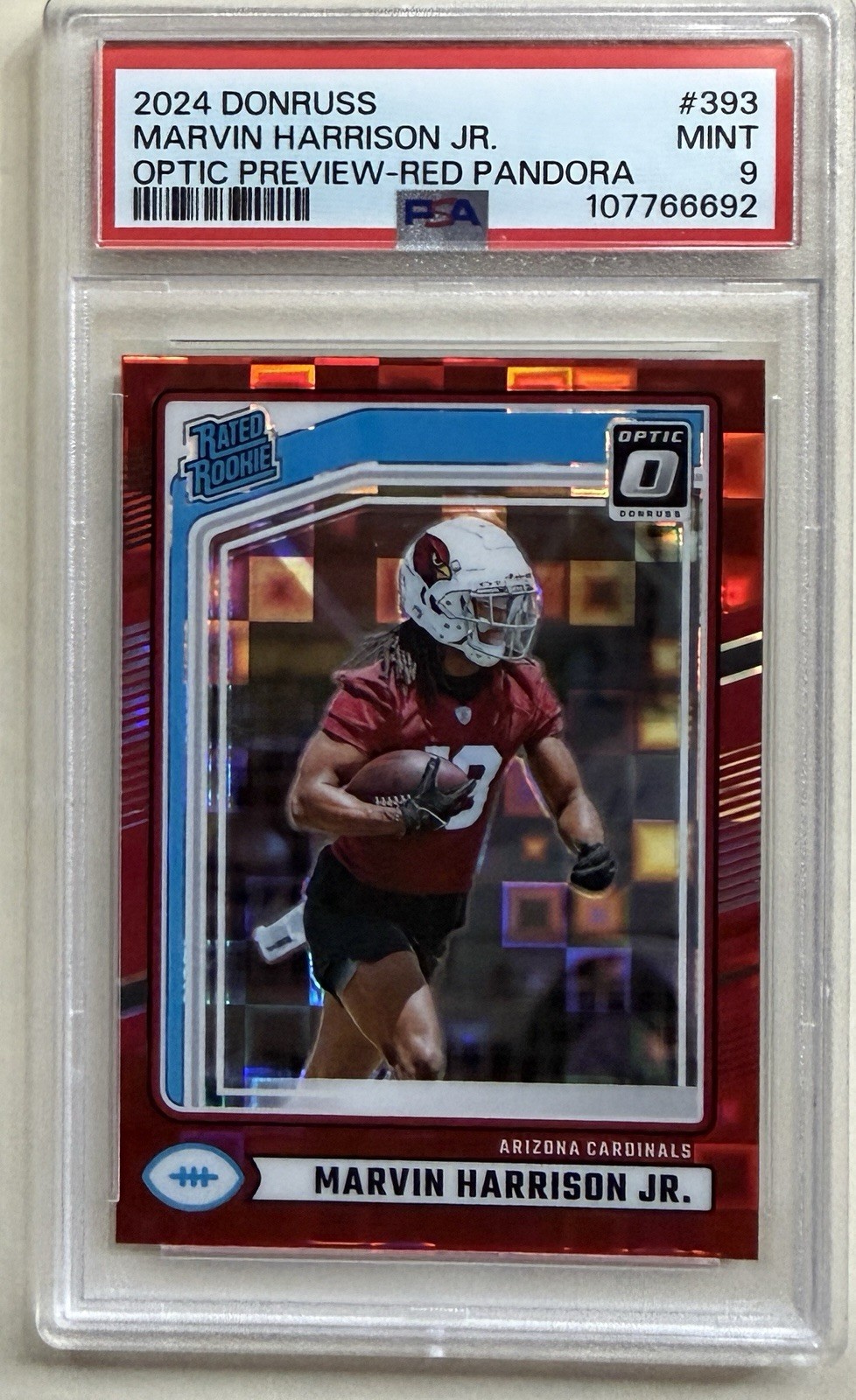 2024 Donruss Rated Rookie Marvin Harrison Jr 393 Optic Preview Red Pandora PSA 9 view 1