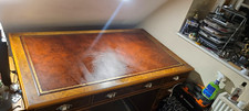 Brown Wood Pedestal Desk, Leather Inset Top, 9 Drawers, Metal Handles