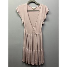 See You Monday Blush Ribbed Tiered Dress Women Medium Short Sleeve V Neck