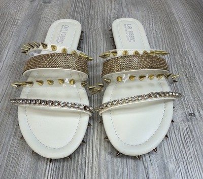 Cape Robbin Studded Xtreme Sandal Slides Sz 10 White Gold Open Toe Slip-on Flat