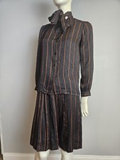 Vintage Adolfo 2 Piece Skirt Set All Silk Long Sleeve Shirt W Attached Neck Tie