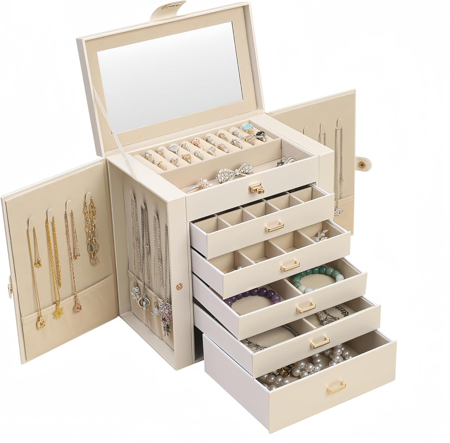 Large 6-Layer Jewelry Box with Mirror and 5 Drawers for Women's Storage