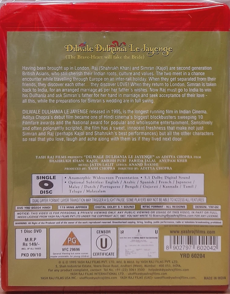 Dilwale Dulhania Le Jayenge - Shahrukh Khan Bollywood Movie DVD, Multi-Subtitles - Image 2 of 2