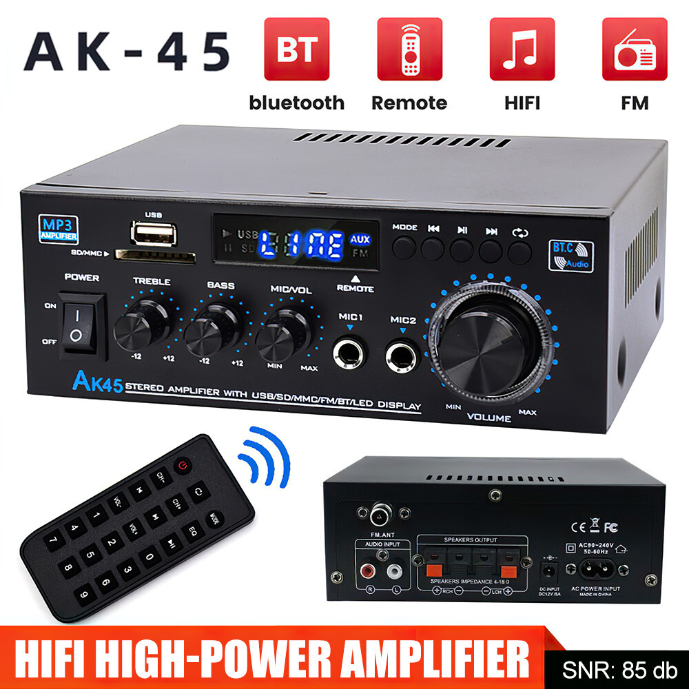 HiFi Verstärker S-288 600W Mini Bluetooth Stereo Audio Verstärker Receiver 12V/ 220V 4 Kanäle Digital Endverstärker w/LCD-Display, UKW-Radio, BT, USB-Eingang, für Zuhause oder Auto