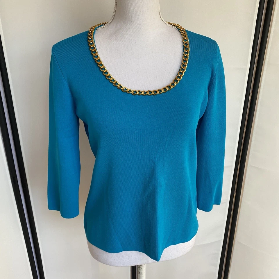 Blusa Kikit Mujer M a Grande De Colección Turquesa Cadena Dorada Manga 3/4 Camisa C0 Foto 2 de 4