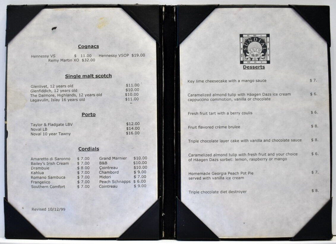 1999 Sundial Sun Dial Restaurant Menu Westin Peachtree Plaza Atlanta