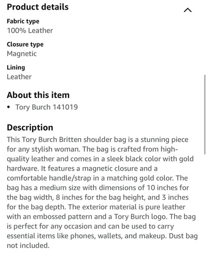 Tory Burch 141019 Britten Embossed Black, Gold Women's Medium Shoulder Bag NWT - Picture 6 of 16