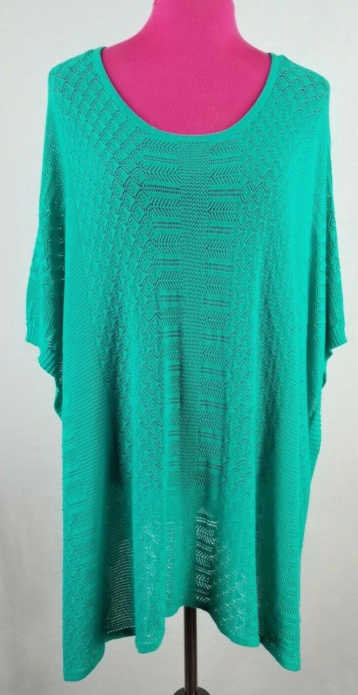 Soft Surroundings Green Open Knit Crochet Poncho Sweater Size S/M