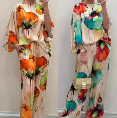 Two Piece Women's Plus Size Satin Casual Suits Loose Floral Print Tops and Pants