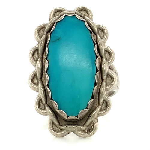Vintage Signed Sterling Silver Turquoise Stone Repousse Chain Design Ring size 6
