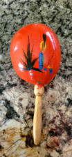 Vintage 9" Mexico Maraca Gourd Hand Painted Percussion Instrument Orange