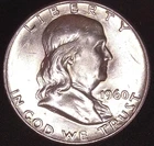 1960 FRANKLIN SILVER HALF DOLLAR, UNC BRILLIANT