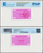 Bosnia & Herzegovina 1000 Dinara, 1992 ND, P-50, Used, Authenticated