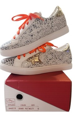 Dale S Men s Low Top Lace-Up Athletic Sneakers White/Gold Snakeskin w/ Orange