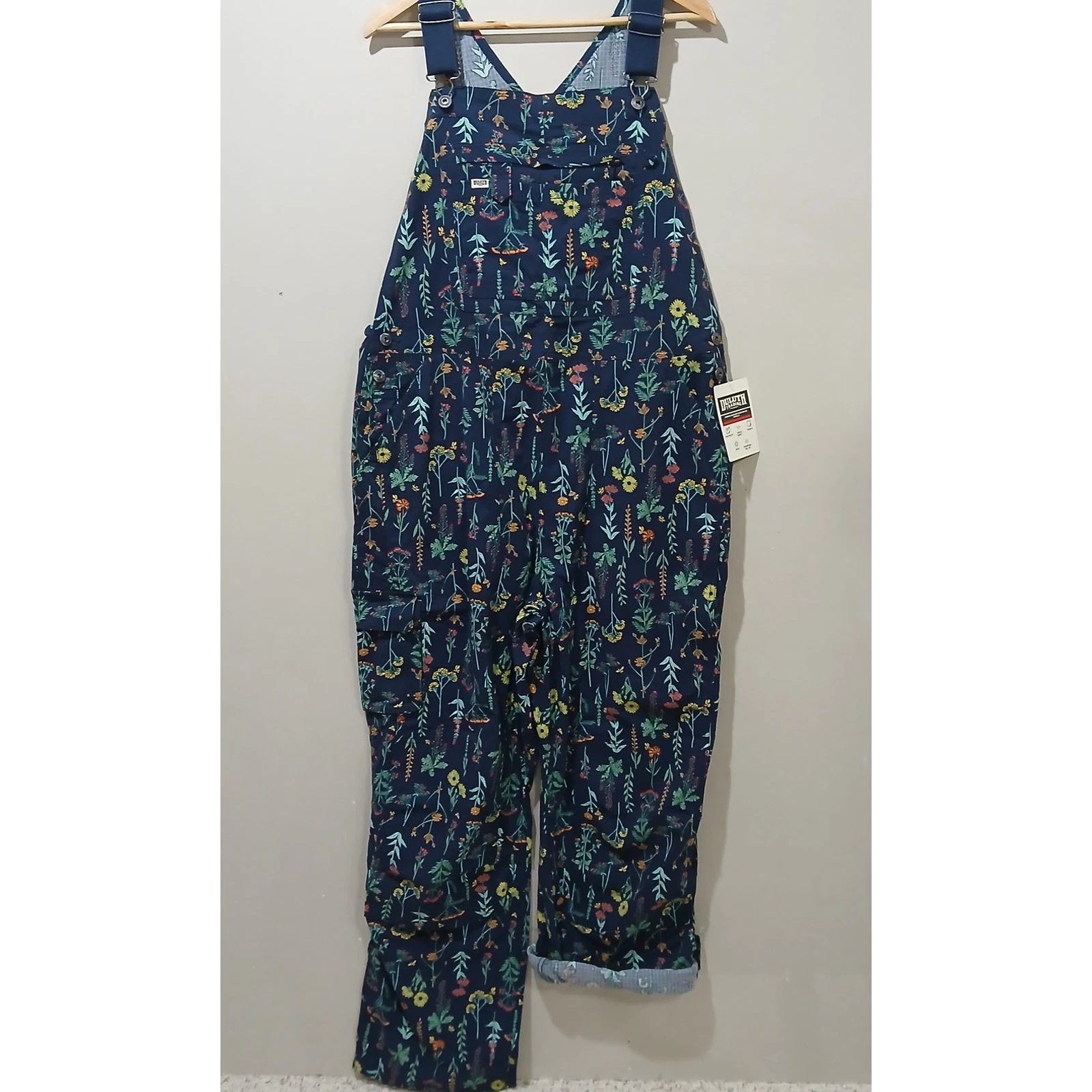 DULUTH TRADING Heirloom Gardening Bib Overalls XL x 31 NWT Navy Wildflowers
