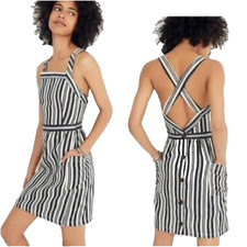 NWT Madewell Ivory Black Stripe Linen Cotton Pocket Apron Tank Evelyn Dress 12