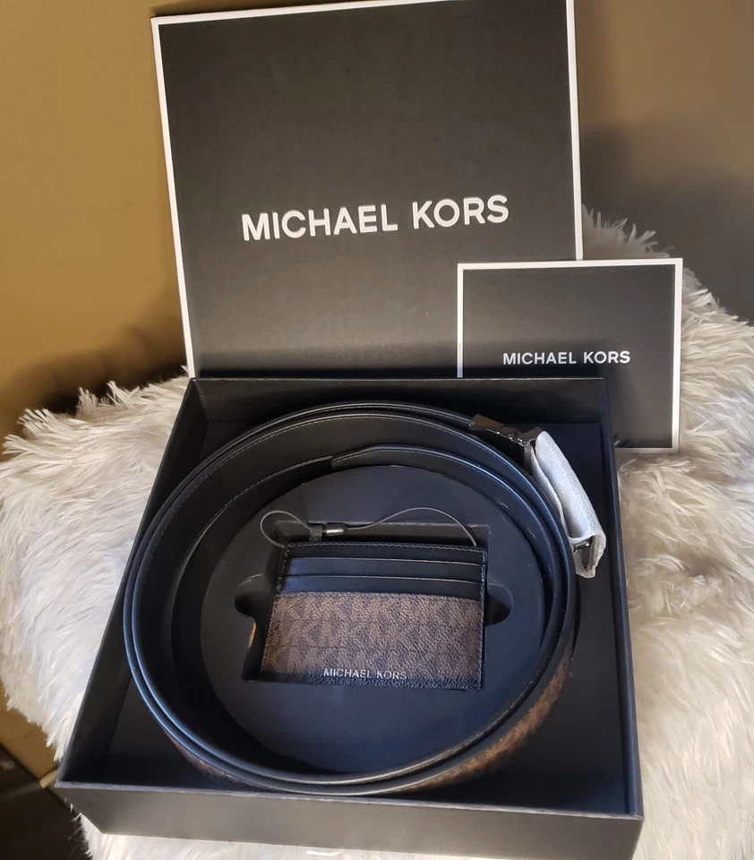 MICHAEL KORS Hombres Logo Cinturón y Estuche para Tarjetas Caja de Regalo Conjunto Marrón Negro Reversible Nuevo con Etiquetas Foto 3 de 3