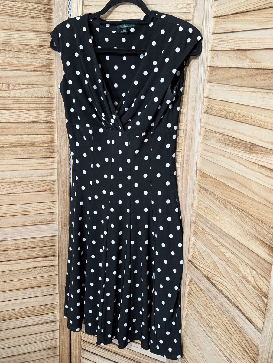Ralph Lauren Womens Black/White Polka Dot Stretch Jersey Fit & Flare Dress 2