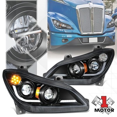 Black Amber Full LED 3D Light Bar Headlight Assembly for 22-25 Kenworth T680